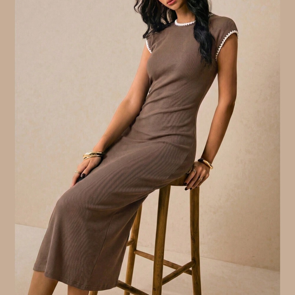 Brown Ribbed Knit Contrast Trim Cap Sleeve Midi Dress